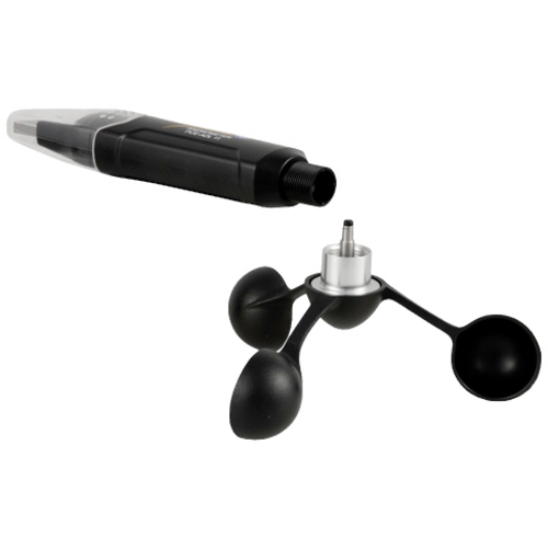 Ein schwarzes, dreischaliges Anemometer liegt neben einem schwarzen Messgerät. Das Anemometer misst Windgeschwindigkeit.